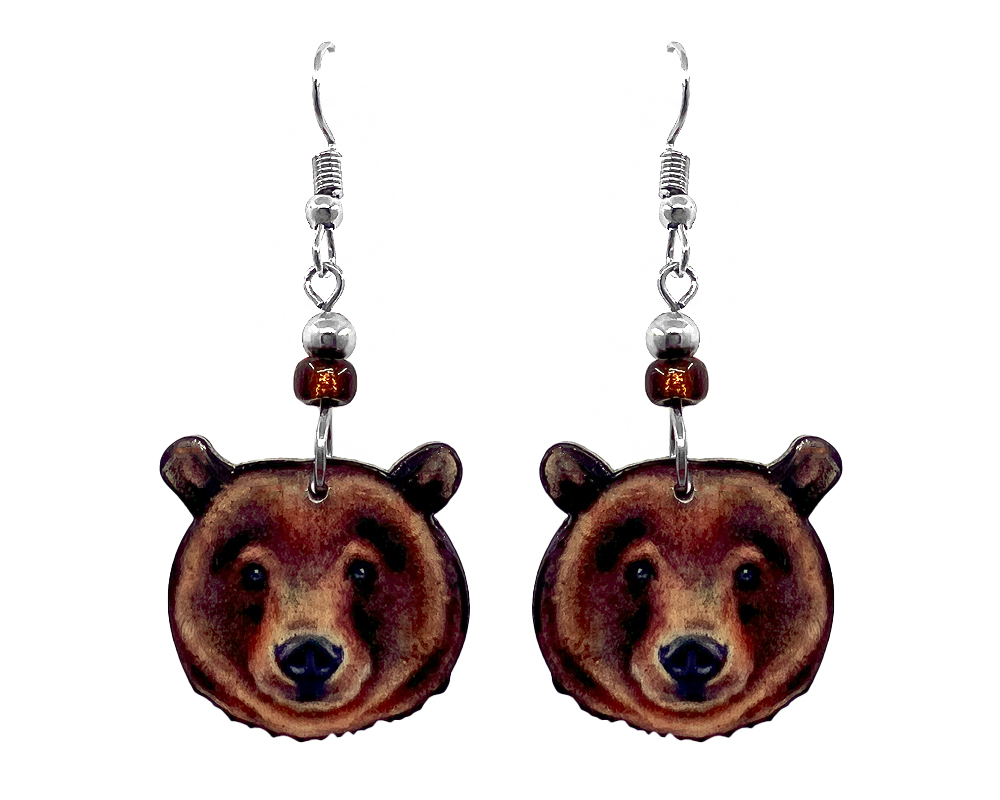 Grizzly Bear Face Earrings - Brown