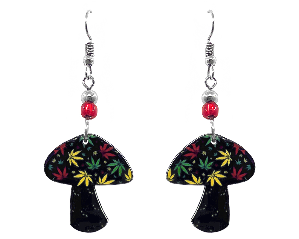 Rasta Mushroom Earrings - Black/Multi-Leaf