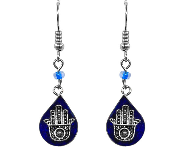 Mini Chip Stone Inlay Hamsa Earrings - Teardrop/Blue