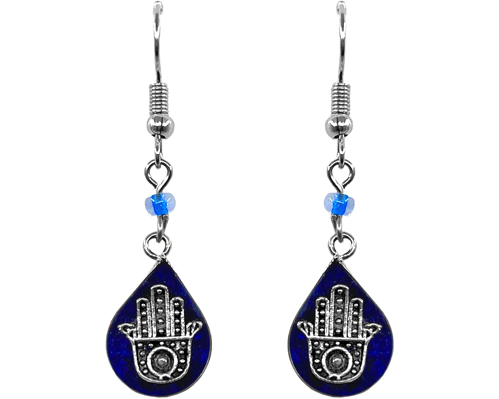 Mini Chip Stone Inlay Hamsa Earrings - Teardrop/Blue