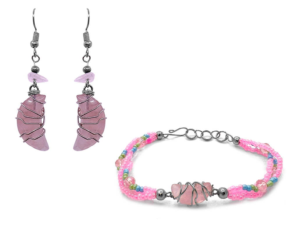 JS-020501171717 Wire Wrapped Moon Stone Beaded Jewelry Set - Pink Rose Quartz