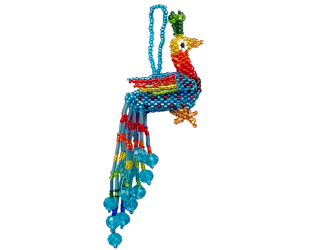 Seed Bead Peacock Dangle Ornament - Turquoise